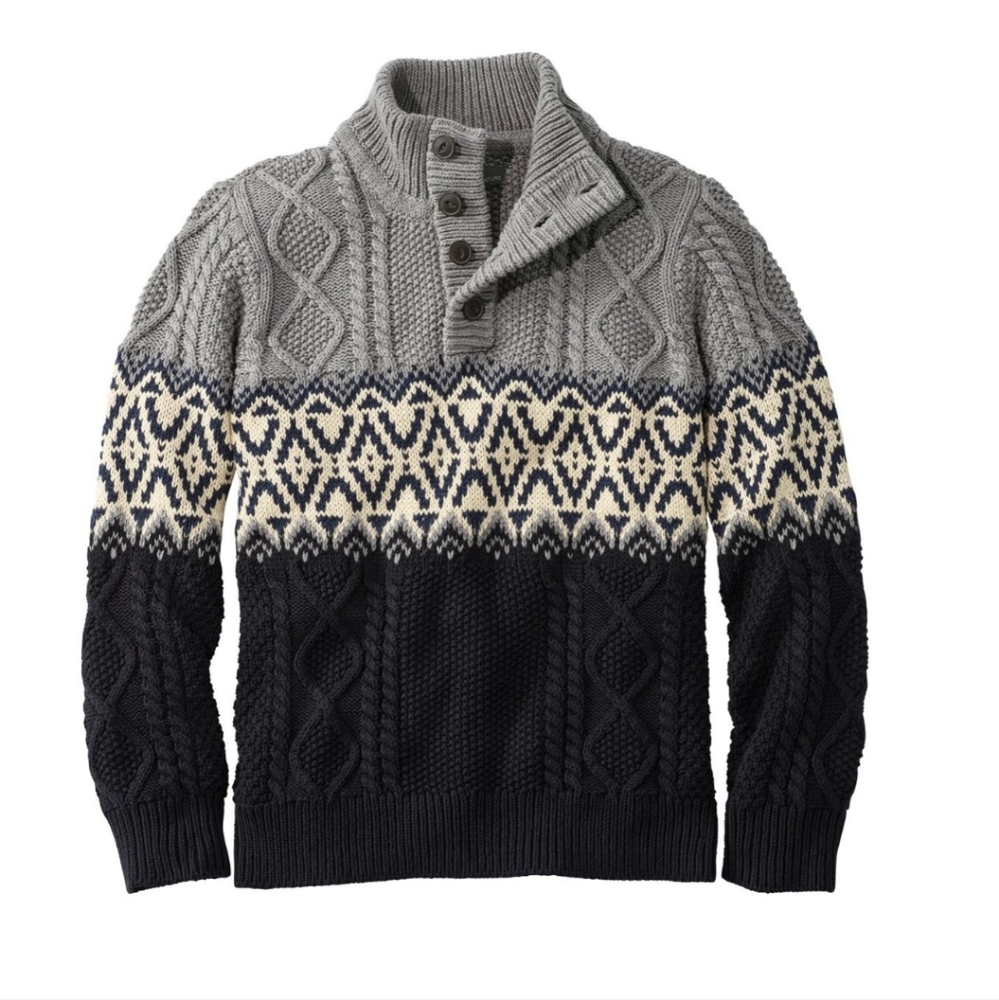 LL Bean Men's Signature Cotton Fisherman Sweater, Henley, Fair Isle